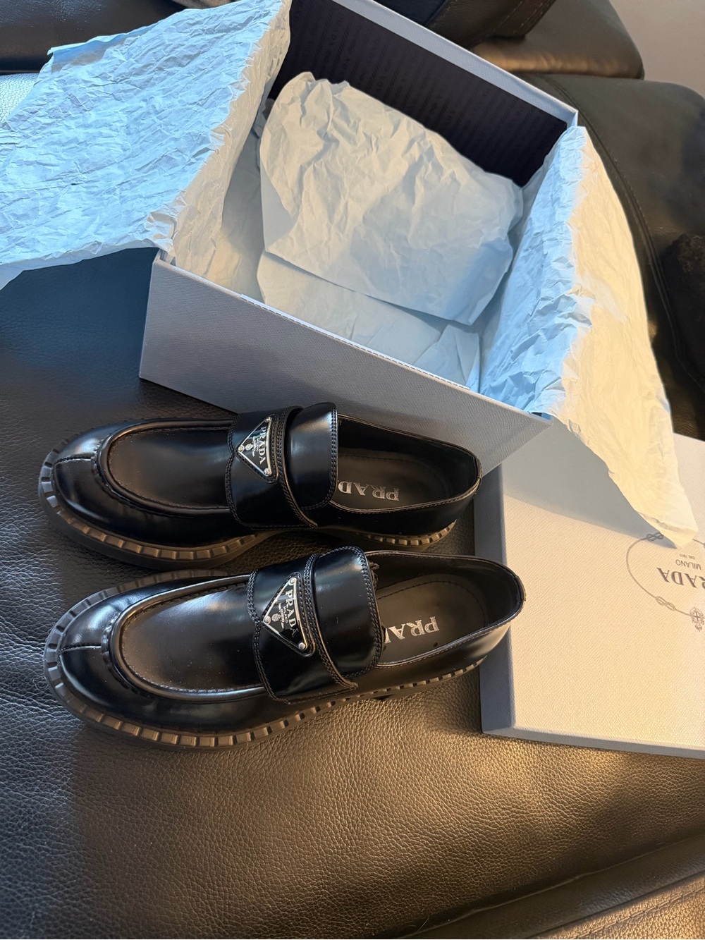 Prada Black Patent Leather Logo Strap Loafers with Chunky Sole - Picture 2 of 3